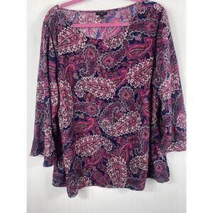 Talbots Top Women 3X Pink Paisley Flared Sleeves Side Zip Peasant Artsy Popover